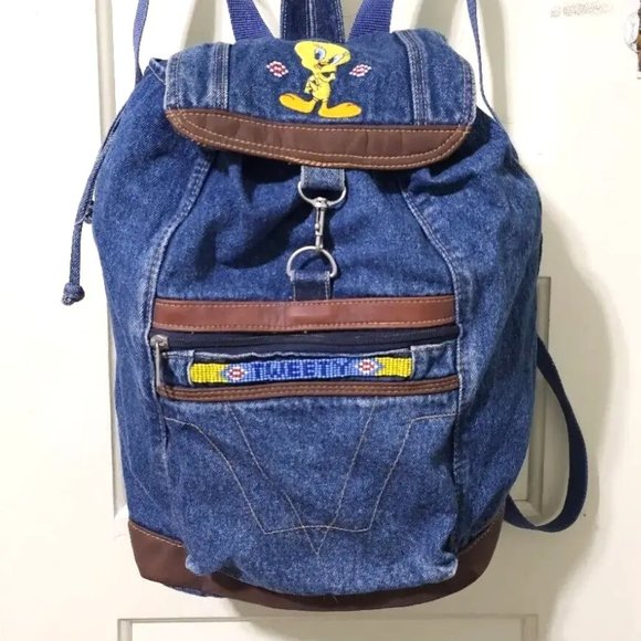 VINTAGE Y2K Jaclyn Looney Tunes Tweety Bird Beaded Denim Jean Big Backpack Bag - Picture 2 of 13